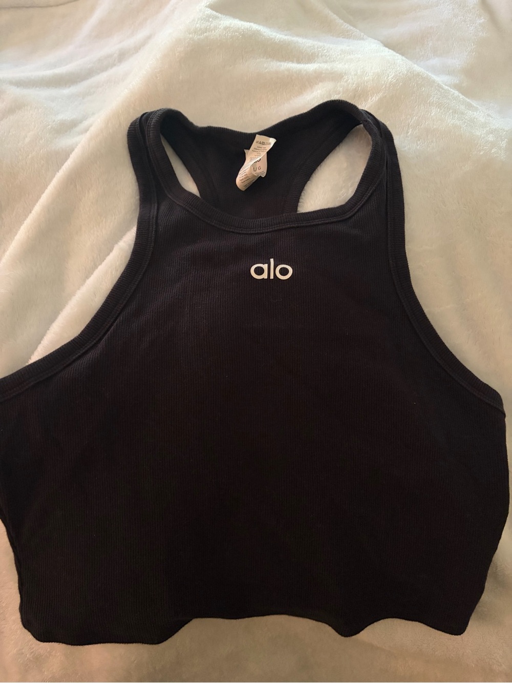 ALO Yoga Black Ribbed Racerback Crop Tank with White Logo